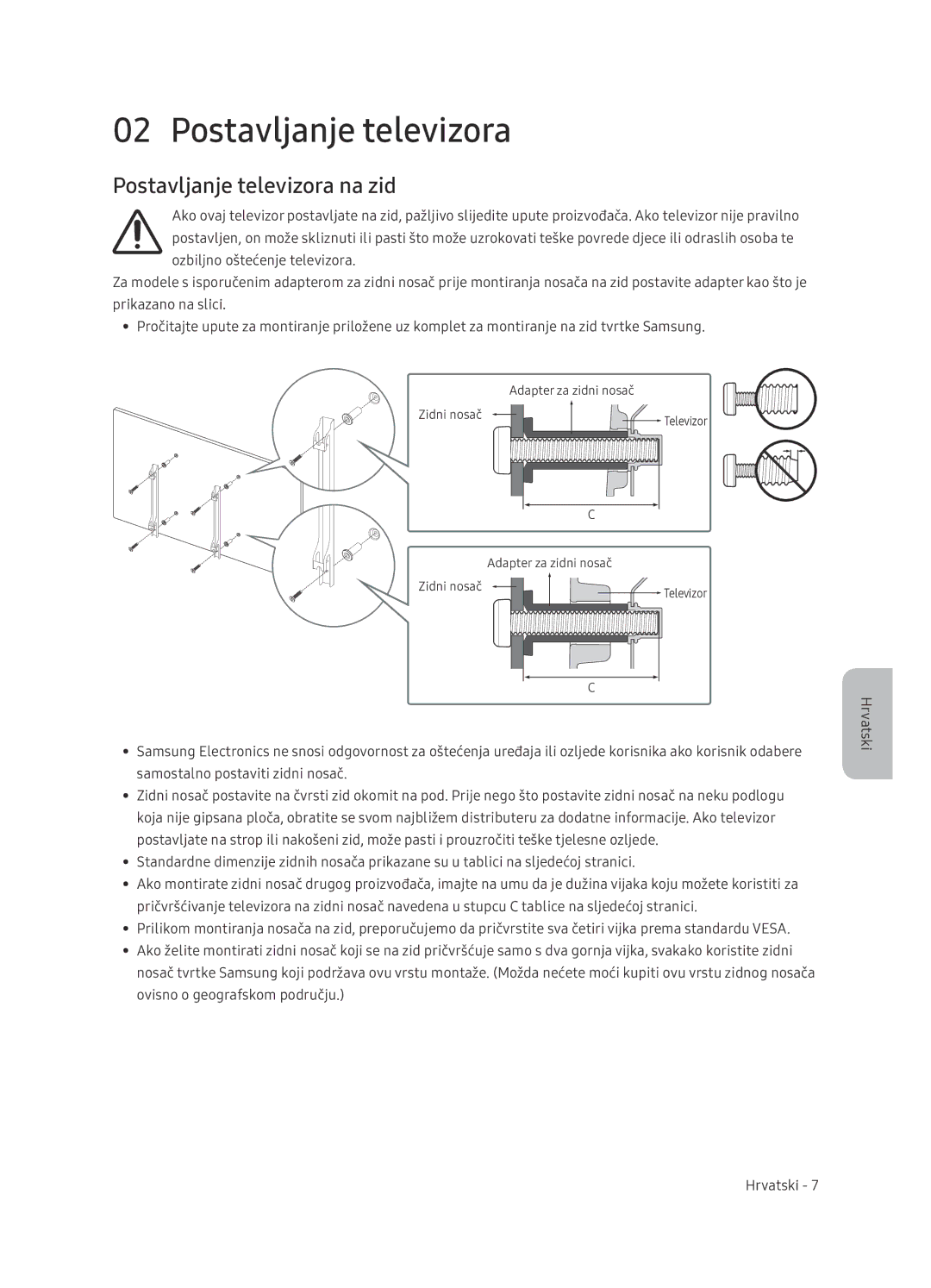 Samsung UE65NU7402UXXH manual Postavljanje televizora na zid 