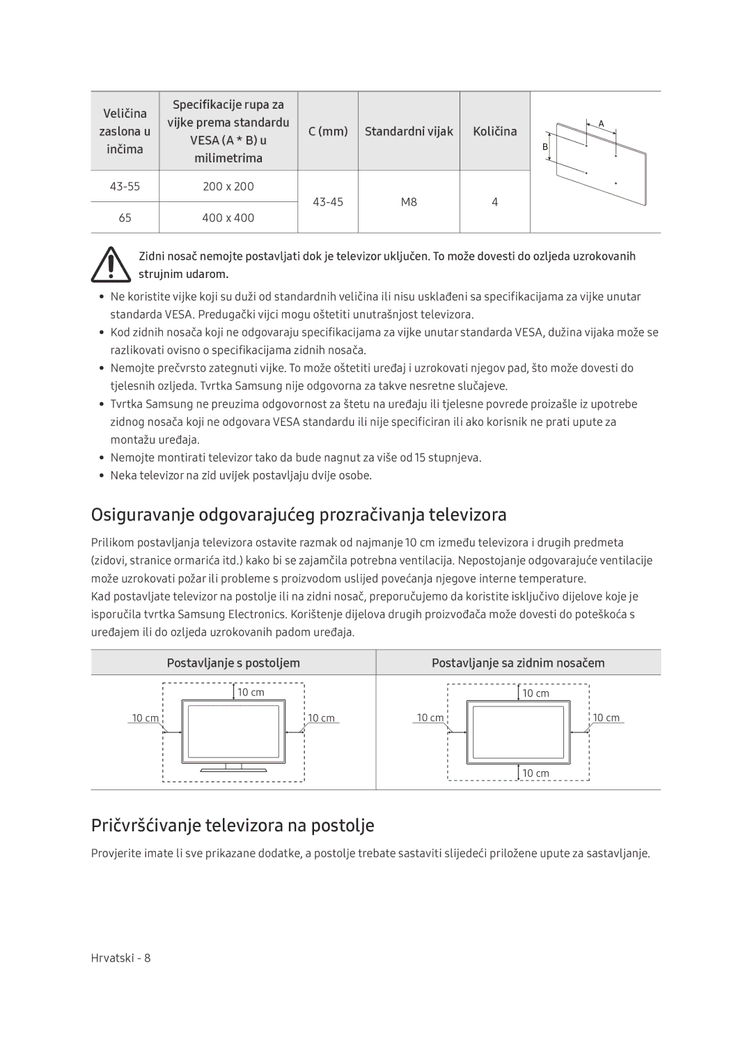 Samsung UE65NU7402UXXH Osiguravanje odgovarajućeg prozračivanja televizora, Pričvršćivanje televizora na postolje, Inčima 