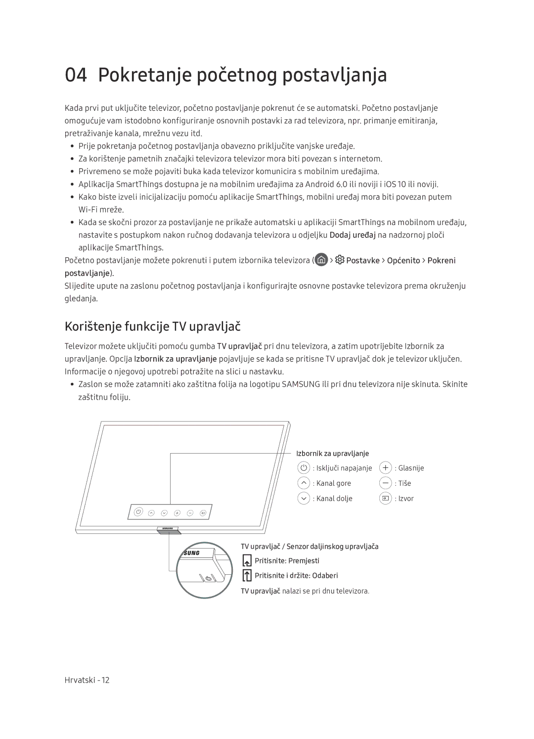 Samsung UE65NU7402UXXH manual Pokretanje početnog postavljanja, Korištenje funkcije TV upravljač, Postavljanje 