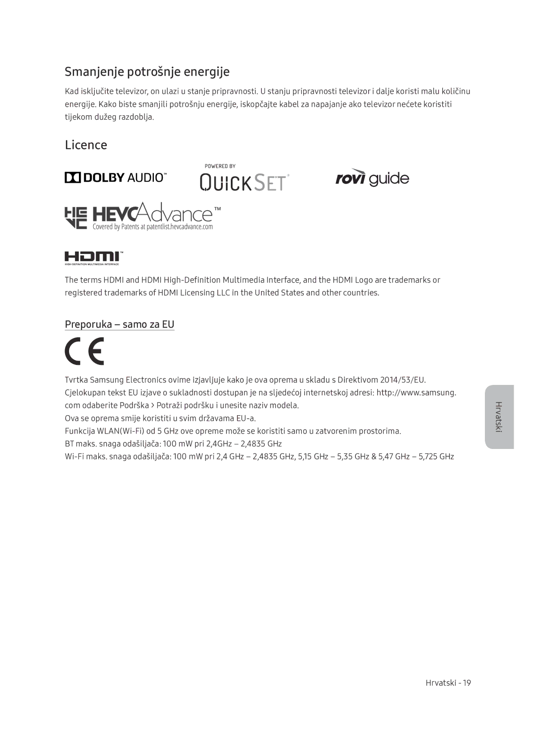 Samsung UE65NU7402UXXH manual Smanjenje potrošnje energije, Licence, Preporuka samo za EU 