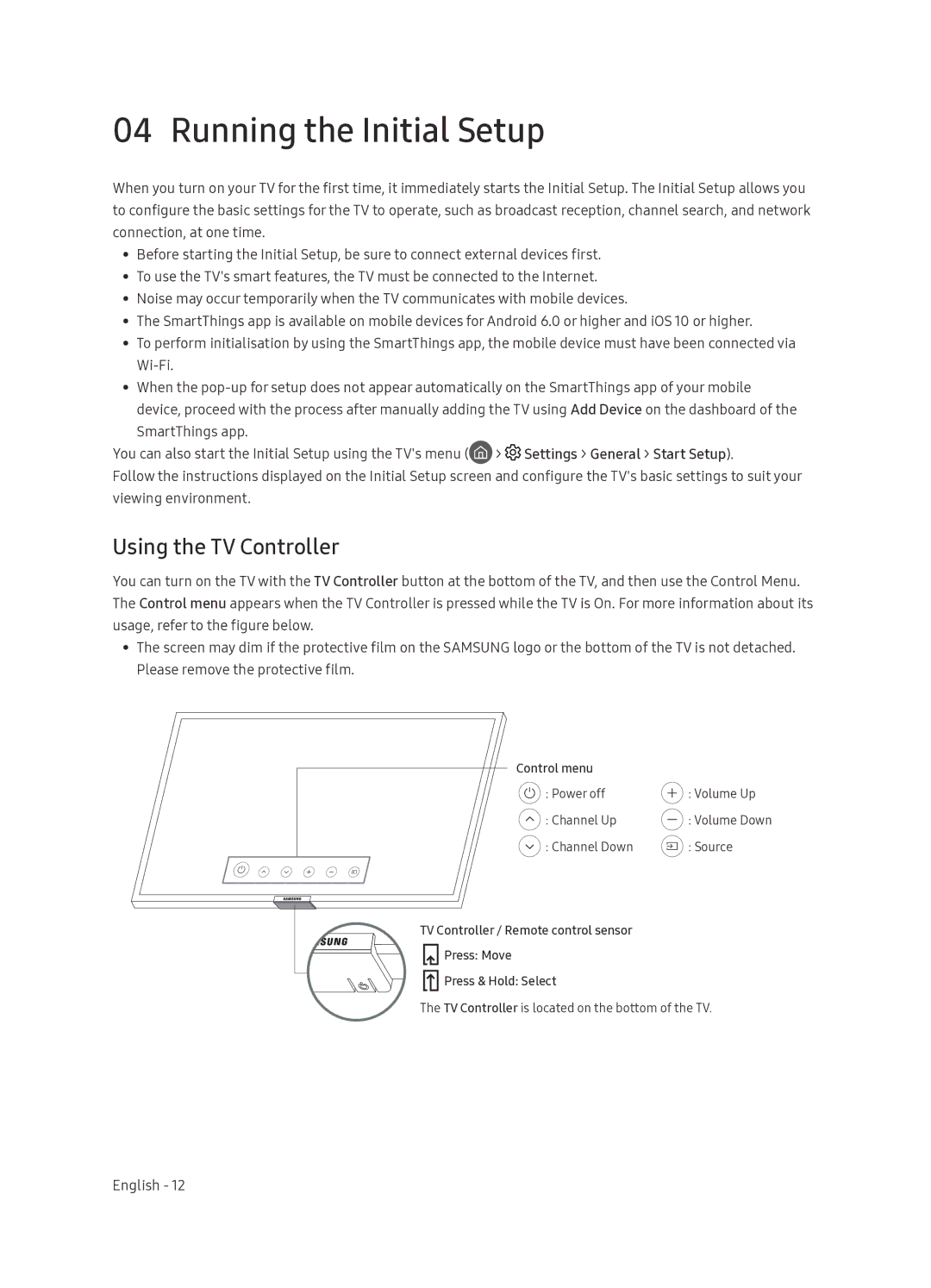 Samsung UE65NU7402UXXH manual Running the Initial Setup, Using the TV Controller 