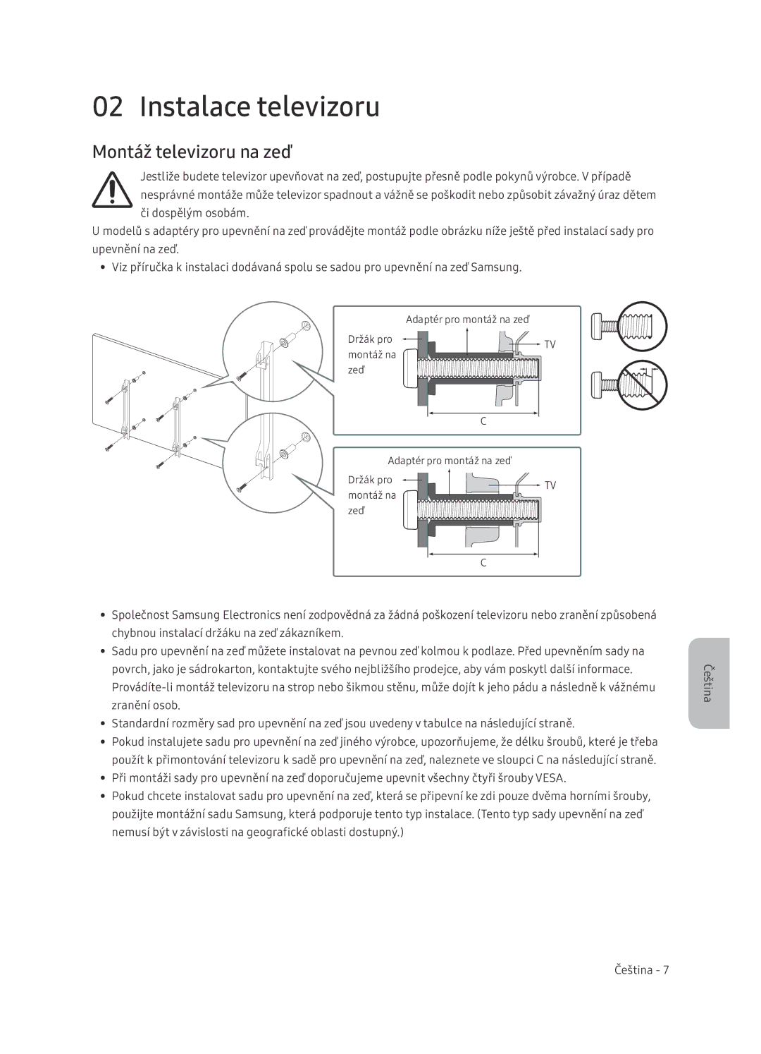 Samsung UE65NU7402UXXH manual Instalace televizoru, Montáž televizoru na zeď 