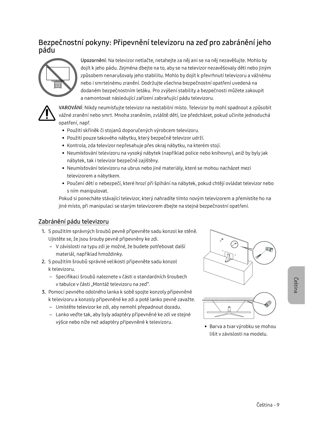 Samsung UE65NU7402UXXH manual Zabránění pádu televizoru 