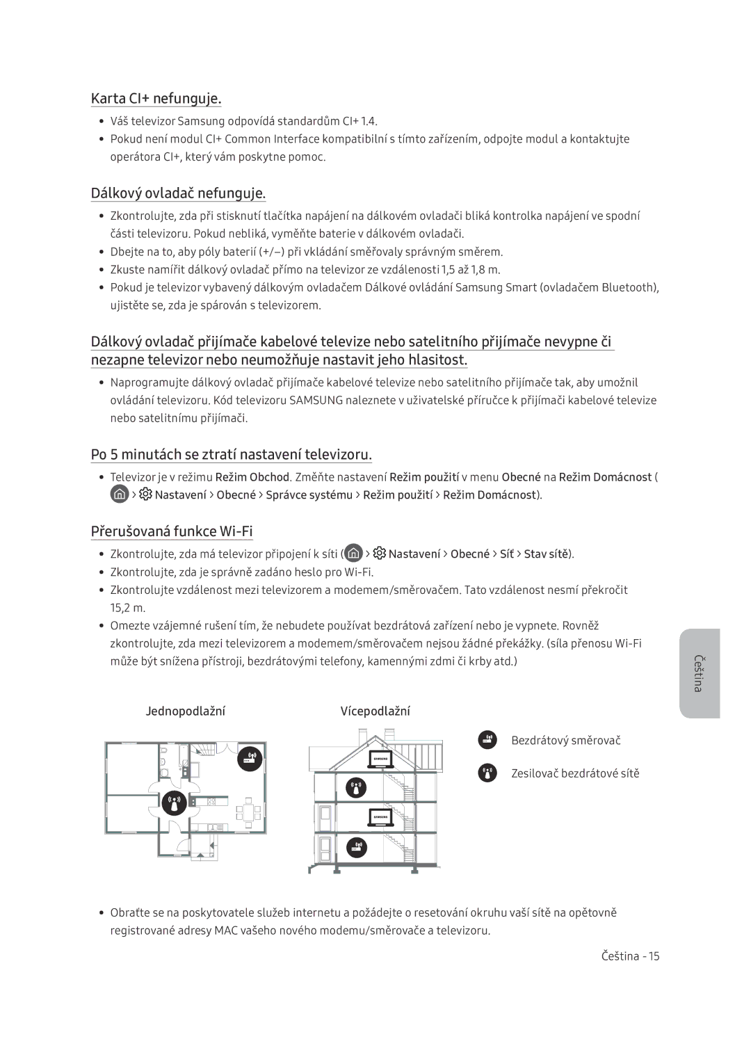 Samsung UE65NU7402UXXH manual Karta CI+ nefunguje, Dálkový ovladač nefunguje, Po 5 minutách se ztratí nastavení televizoru 