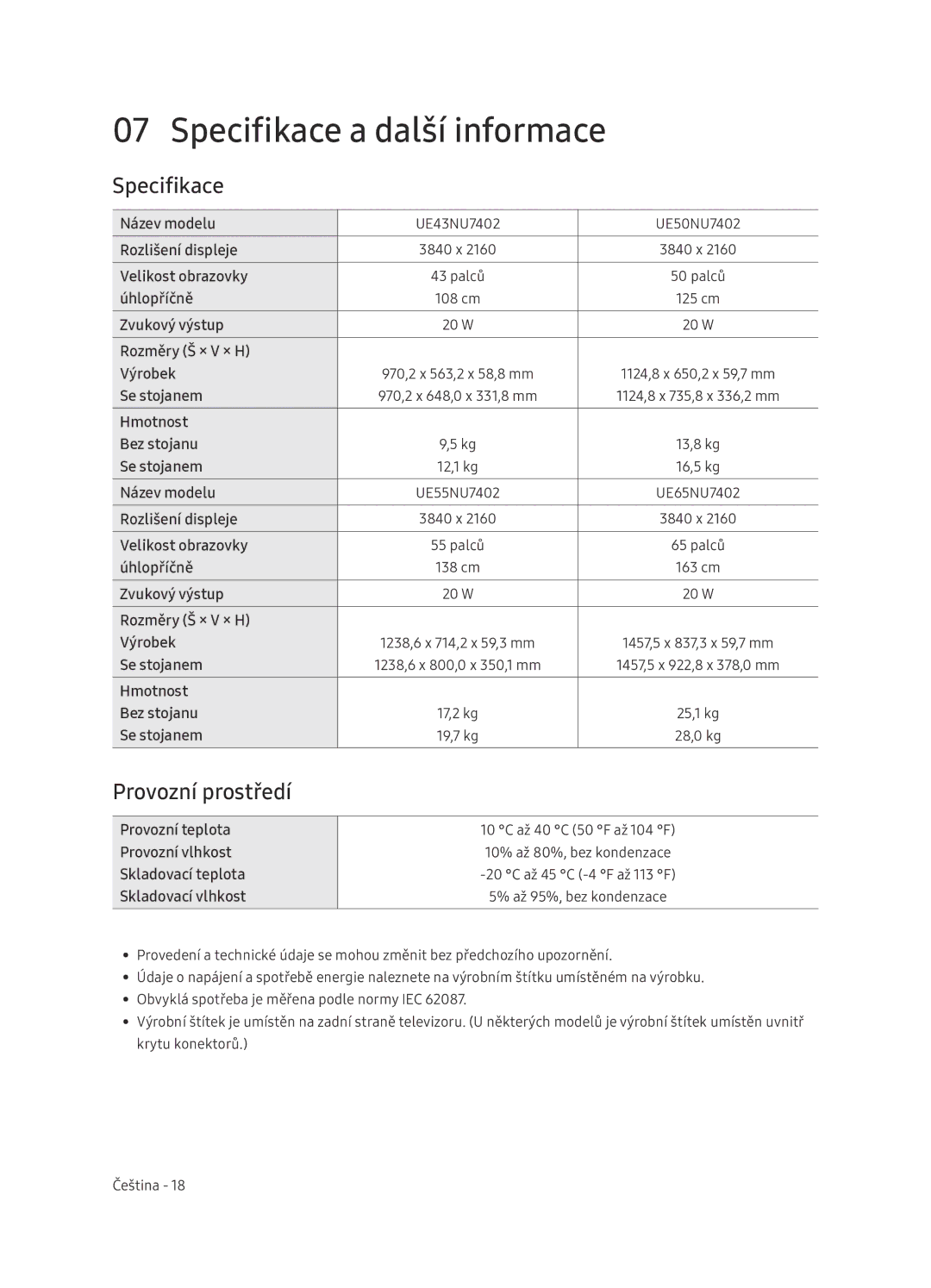 Samsung UE65NU7402UXXH manual Specifikace a další informace, Provozní prostředí 