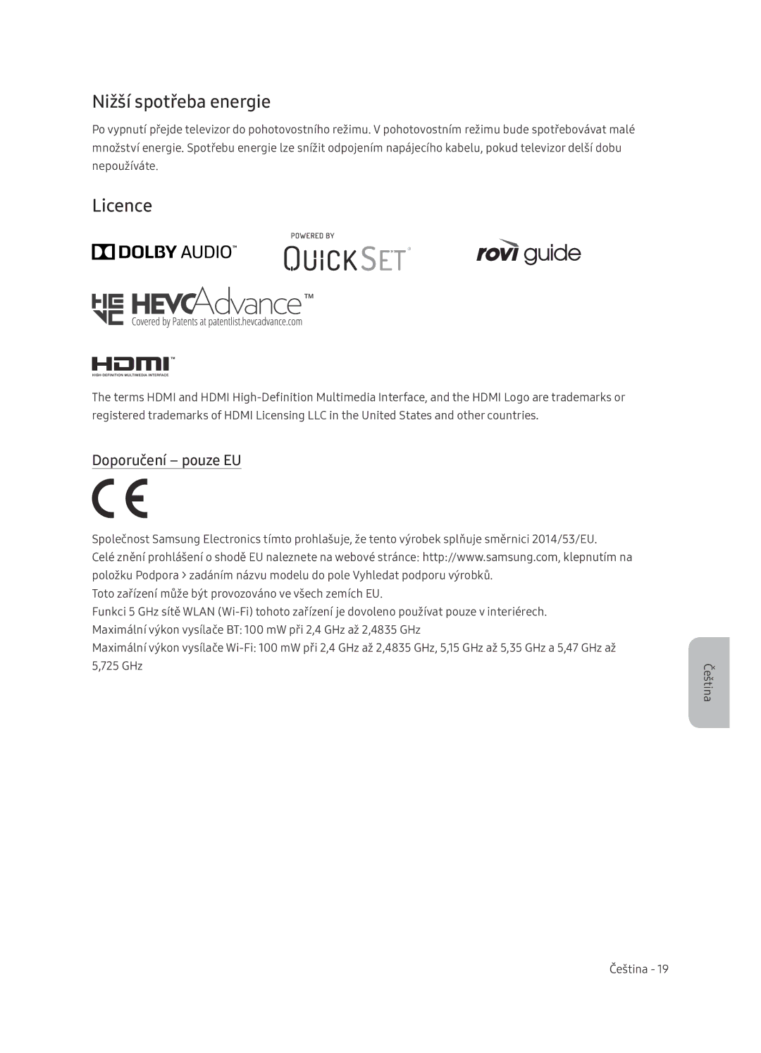 Samsung UE65NU7402UXXH manual Nižší spotřeba energie, Doporučení pouze EU 