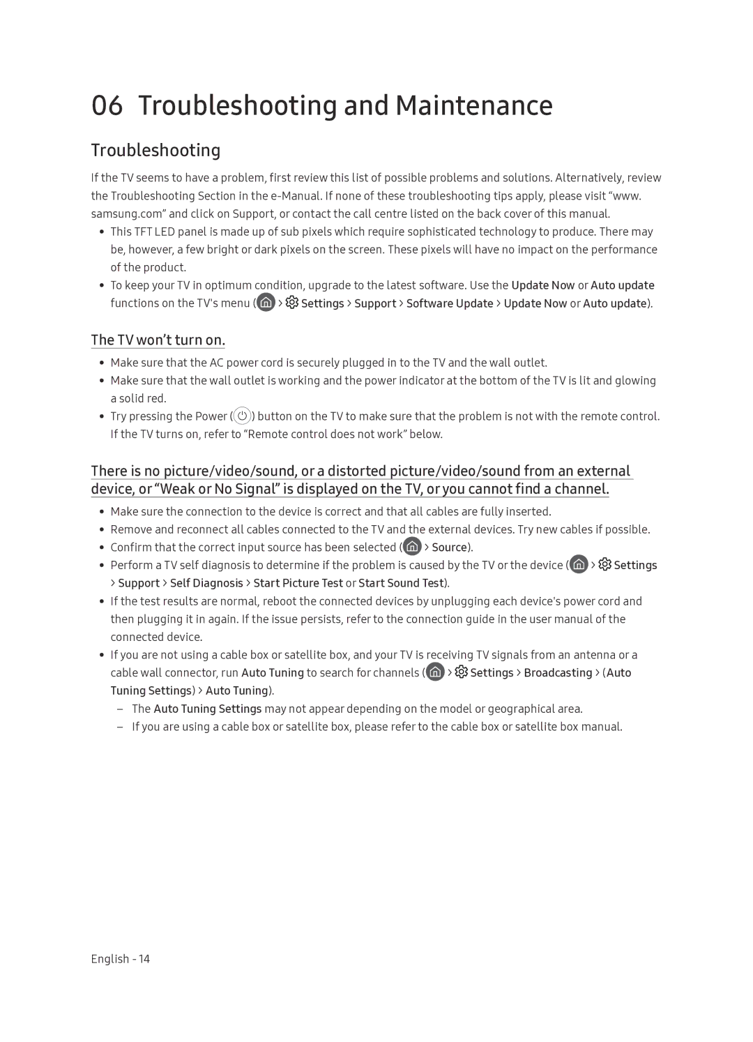 Samsung UE65NU7402UXXH manual Troubleshooting and Maintenance, TV won’t turn on, Source, Settings 