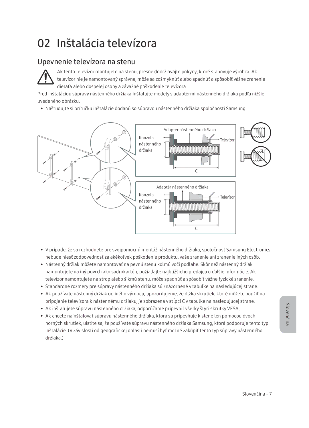 Samsung UE65NU7402UXXH manual 02 Inštalácia televízora, Upevnenie televízora na stenu 