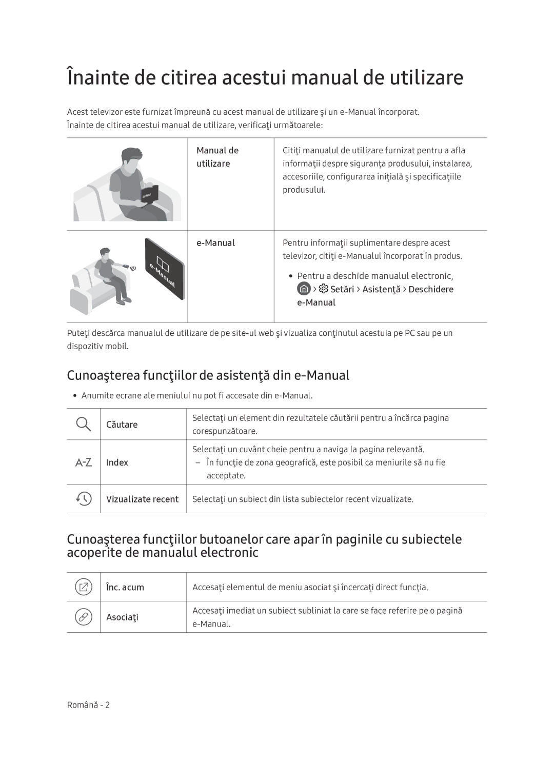 Samsung UE65NU7402UXXH Înainte de citirea acestui manual de utilizare, Cunoaşterea funcţiilor de asistenţă din e-Manual 