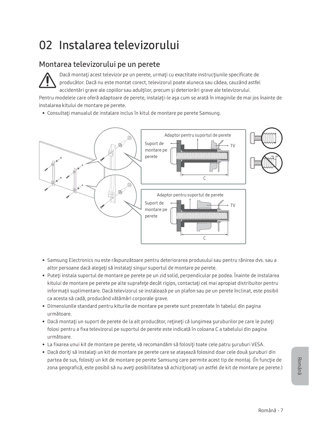 Samsung UE65NU7402UXXH manual Instalarea televizorului, Montarea televizorului pe un perete 