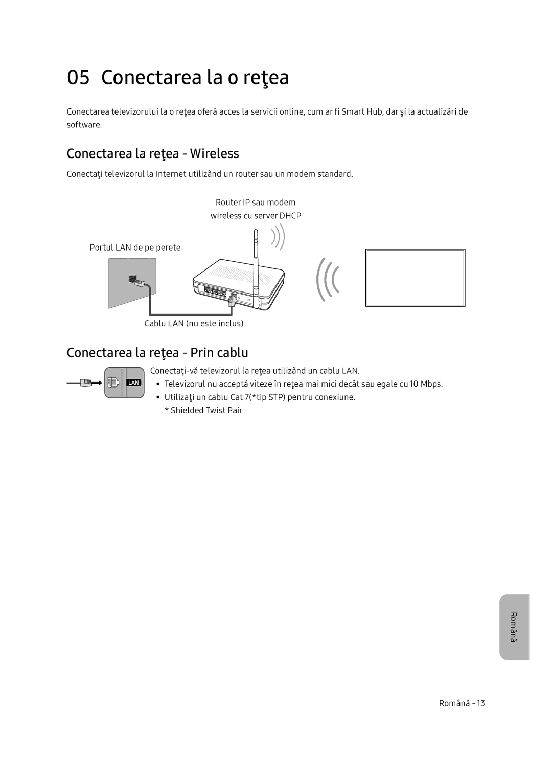 Samsung UE65NU7402UXXH manual Conectarea la o reţea, Conectarea la reţea Wireless, Conectarea la reţea Prin cablu 