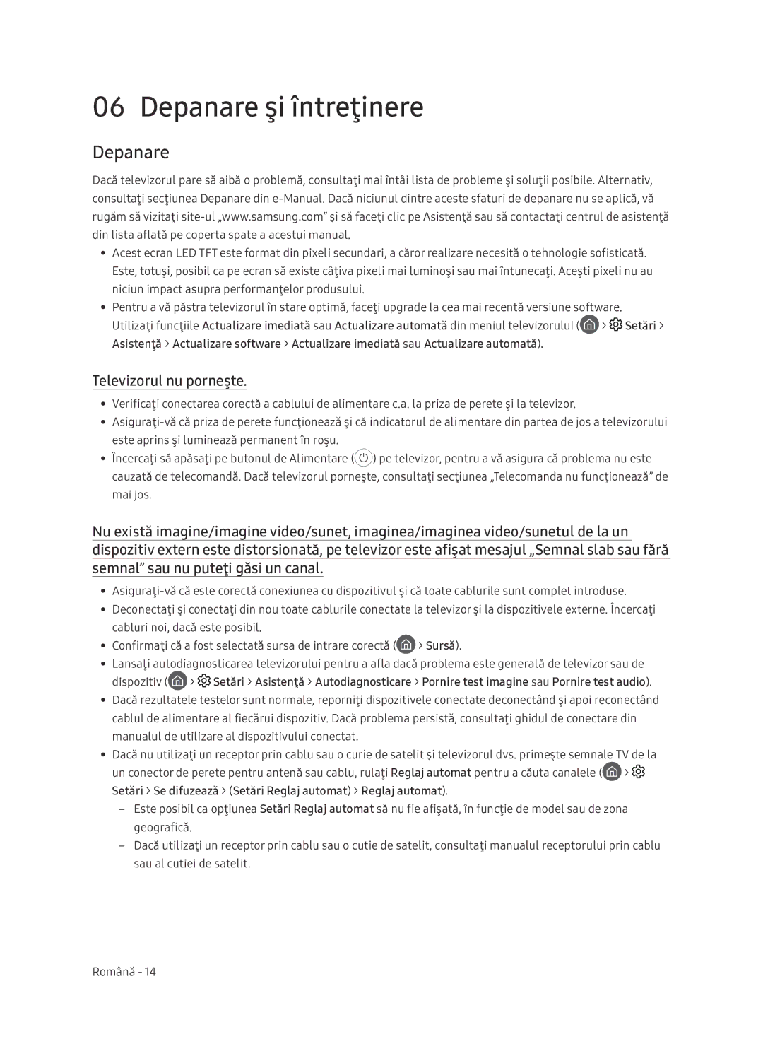 Samsung UE65NU7402UXXH manual Depanare şi întreţinere, Televizorul nu porneşte 