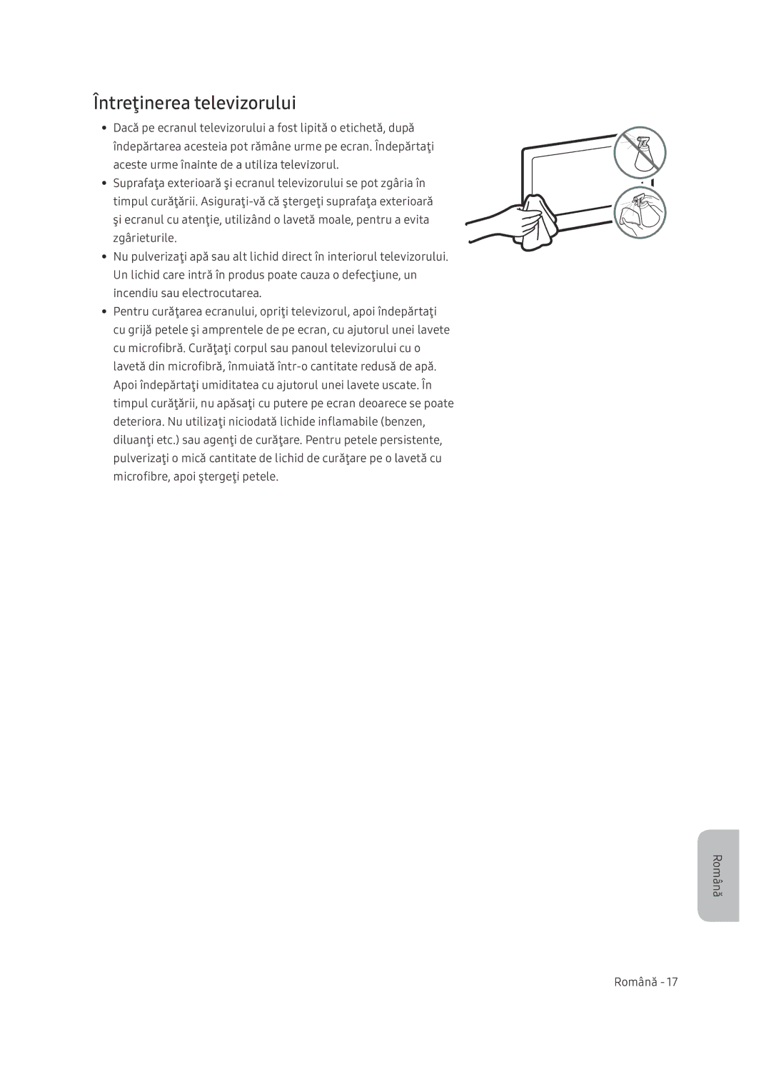 Samsung UE65NU7402UXXH manual Întreţinerea televizorului 