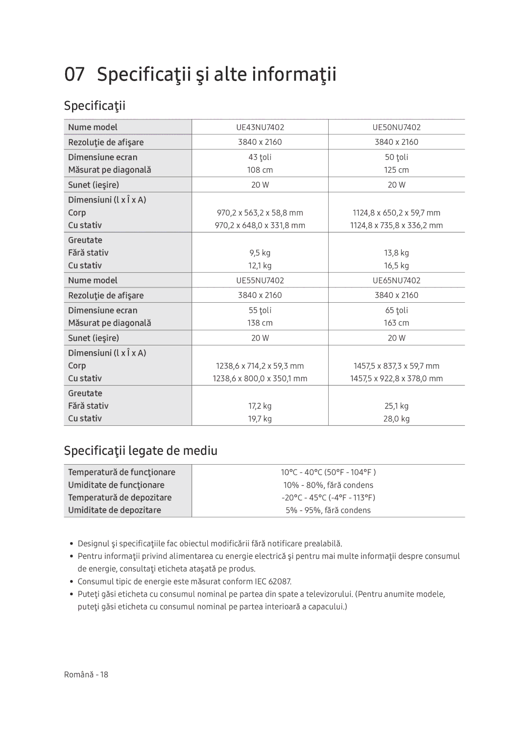 Samsung UE65NU7402UXXH manual Specificaţii şi alte informaţii, Specificaţii legate de mediu 