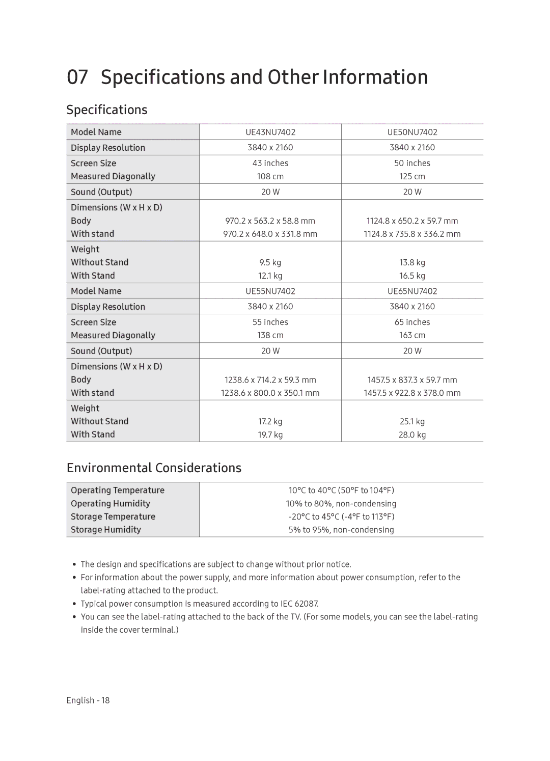 Samsung UE65NU7402UXXH manual Specifications and Other Information, Environmental Considerations 