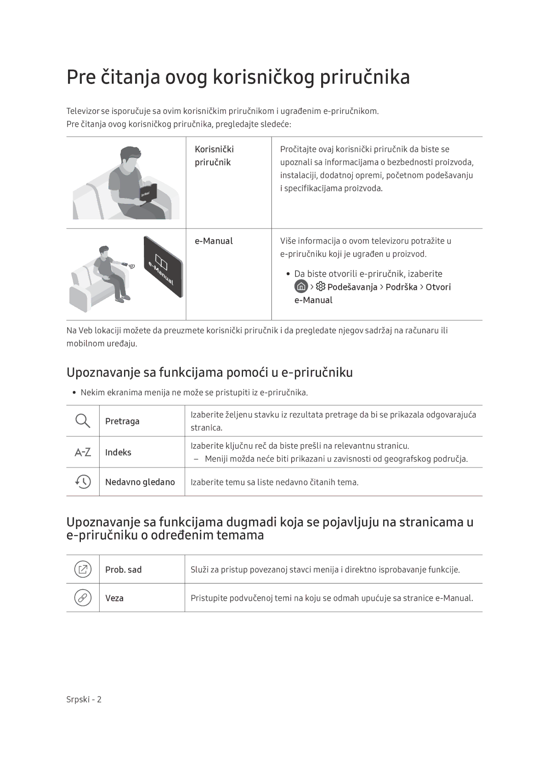 Samsung UE65NU7402UXXH Pre čitanja ovog korisničkog priručnika, Upoznavanje sa funkcijama pomoći u e-priručniku, Pretraga 