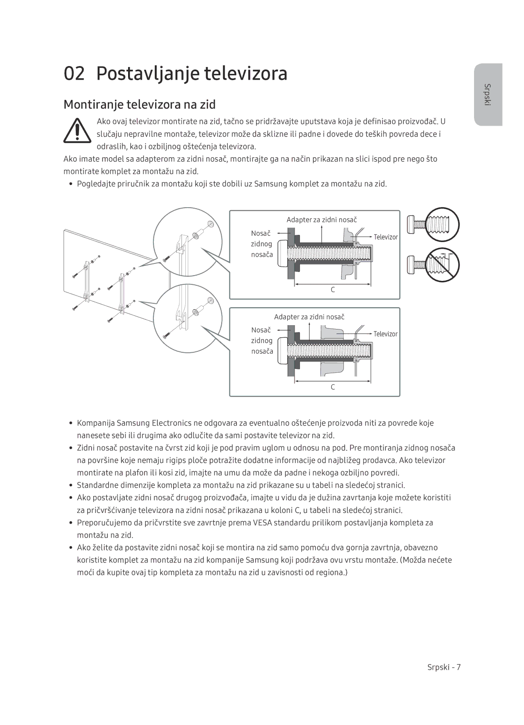 Samsung UE65NU7402UXXH manual Postavljanje televizora, Montiranje televizora na zid 