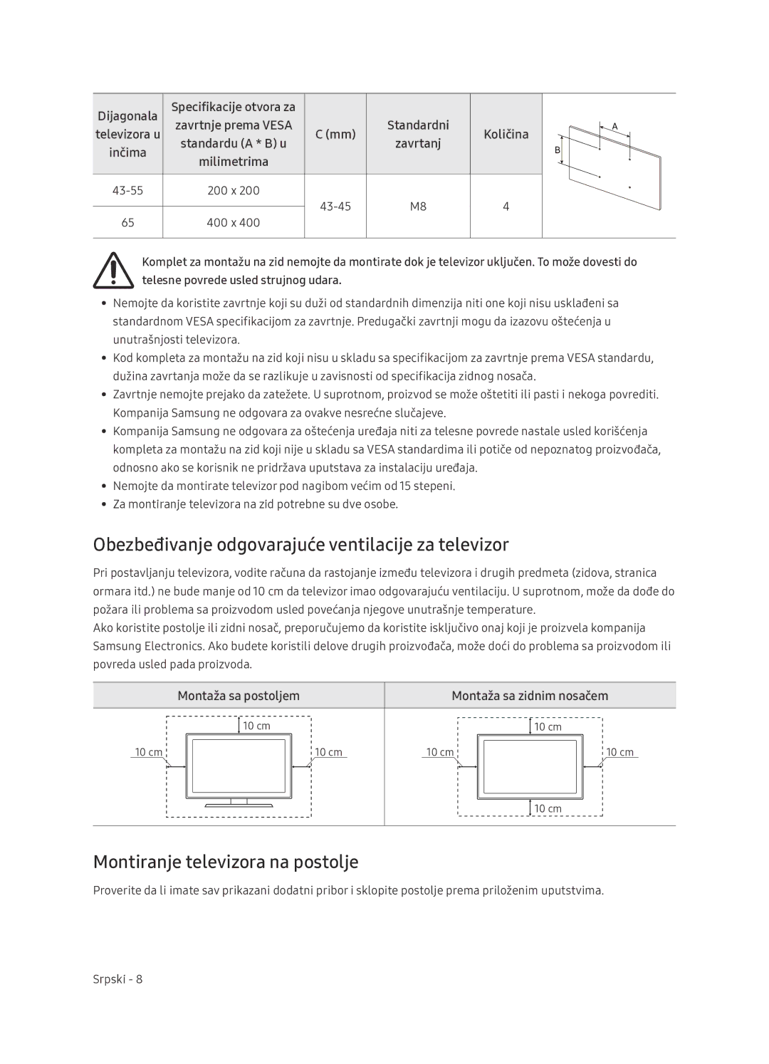 Samsung UE65NU7402UXXH Obezbeđivanje odgovarajuće ventilacije za televizor, Montiranje televizora na postolje, Dijagonala 