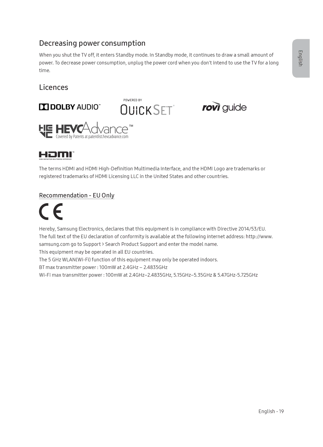 Samsung UE65NU7402UXXH manual Decreasing power consumption, Licences, Recommendation EU Only 