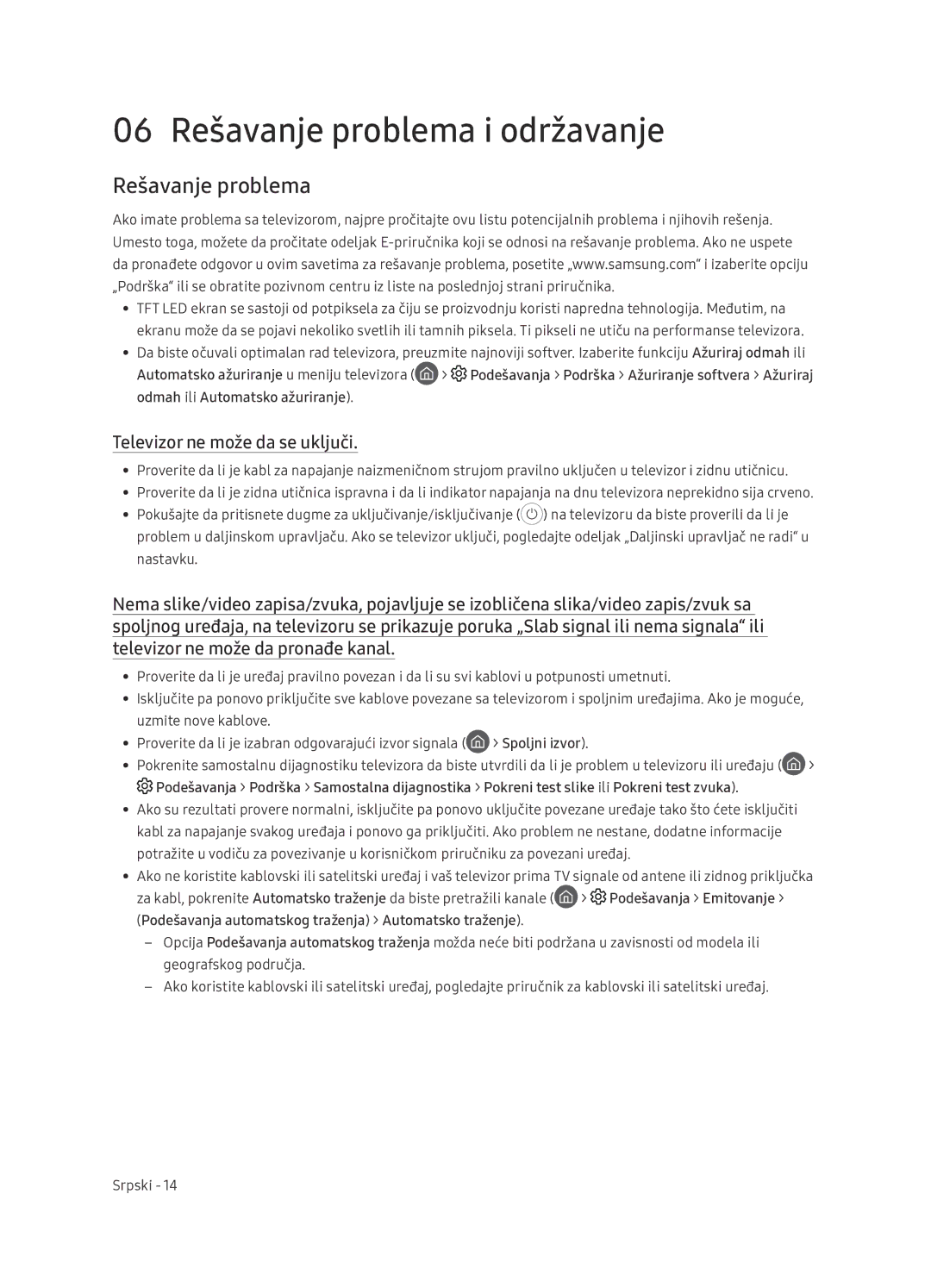 Samsung UE65NU7402UXXH manual 06 Rešavanje problema i održavanje, Televizor ne može da se uključi 