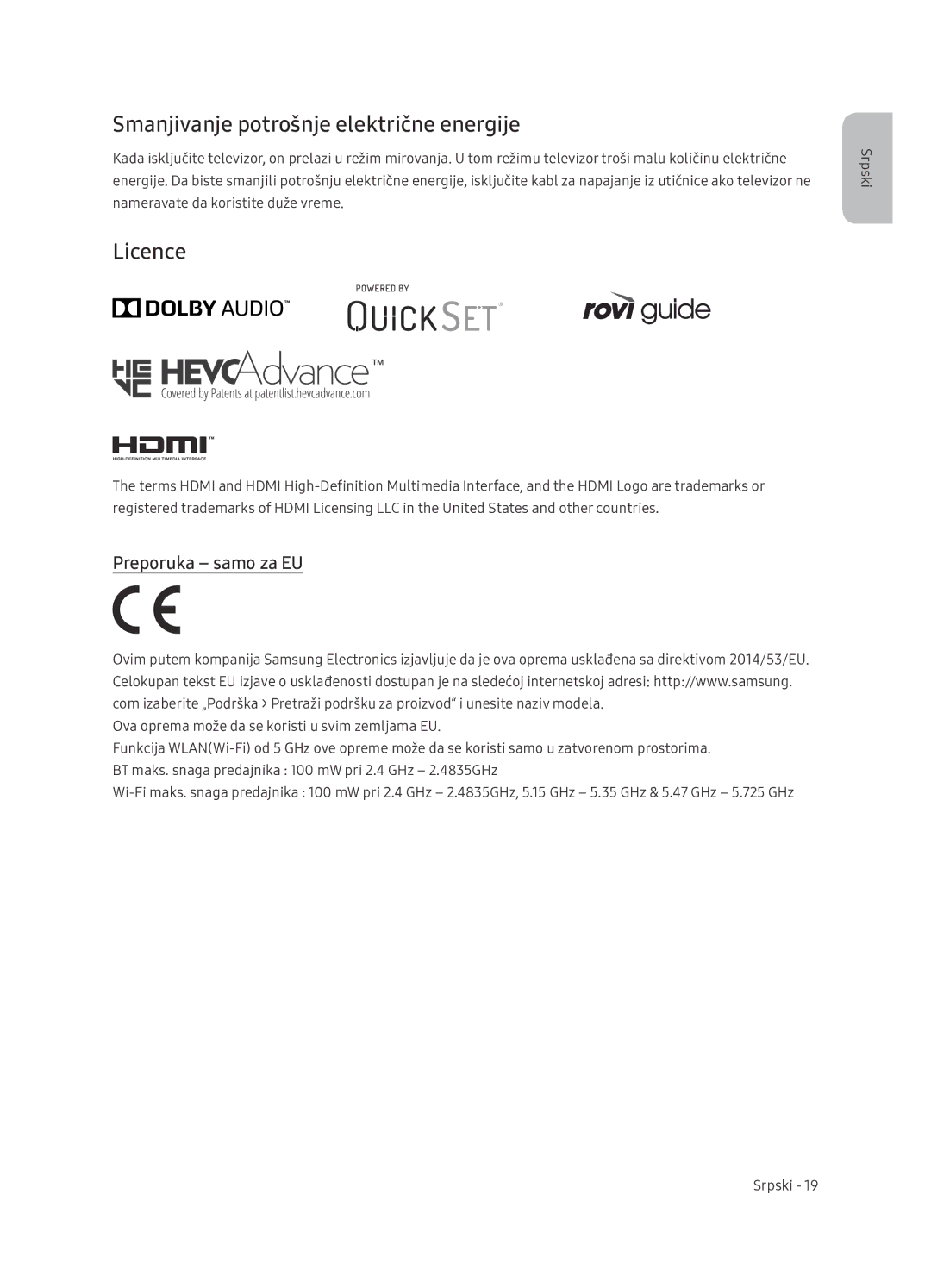 Samsung UE65NU7402UXXH manual Smanjivanje potrošnje električne energije, Licence 