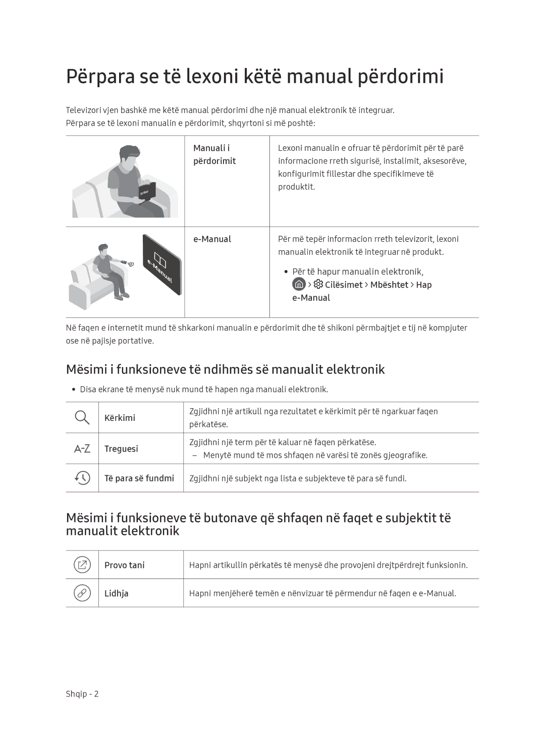 Samsung UE65NU7402UXXH Përpara se të lexoni këtë manual përdorimi, Mësimi i funksioneve të ndihmës së manualit elektronik 