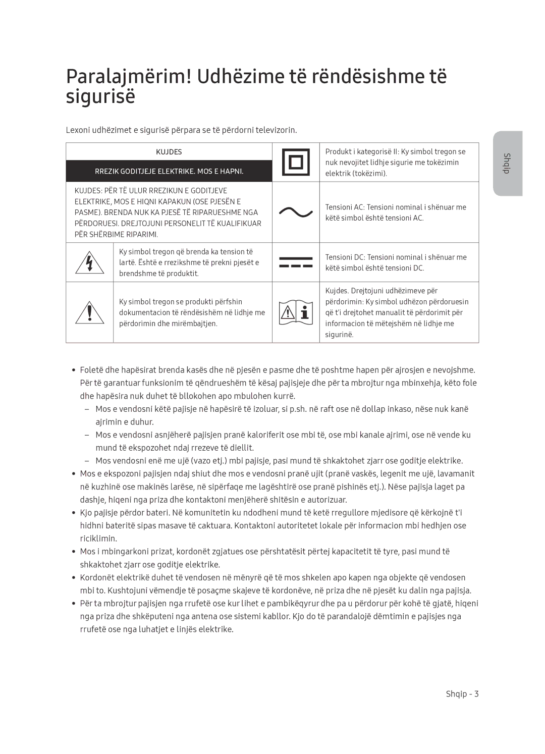 Samsung UE65NU7402UXXH manual Paralajmërim! Udhëzime të rëndësishme të sigurisë, Rrezik Goditjeje ELEKTRIKE. MOS E Hapni 