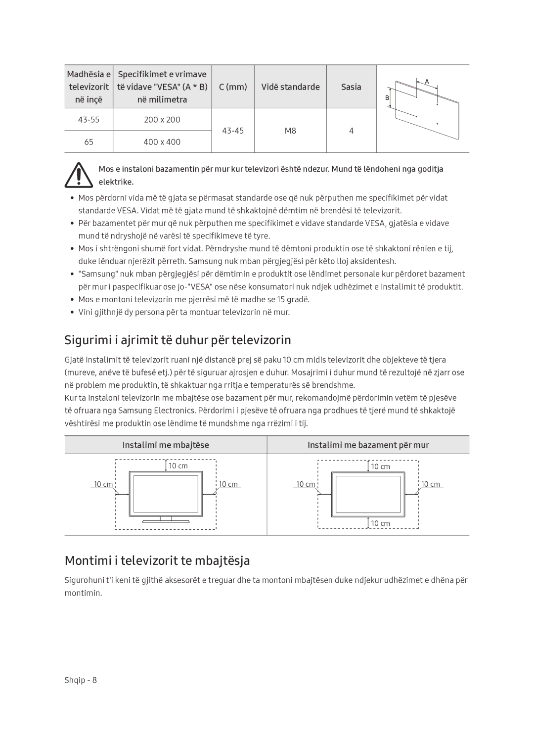 Samsung UE65NU7402UXXH manual Sigurimi i ajrimit të duhur për televizorin, Montimi i televizorit te mbajtësja 