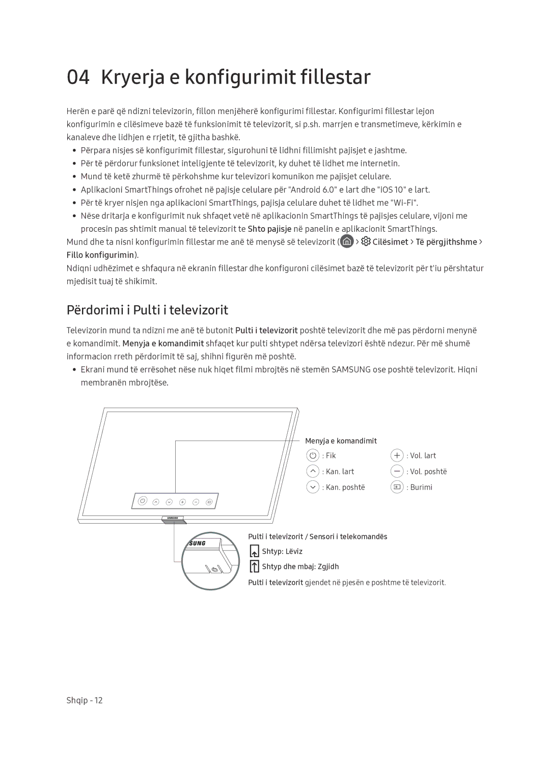 Samsung UE65NU7402UXXH manual Kryerja e konfigurimit fillestar, Përdorimi i Pulti i televizorit, Fillo konfigurimin 