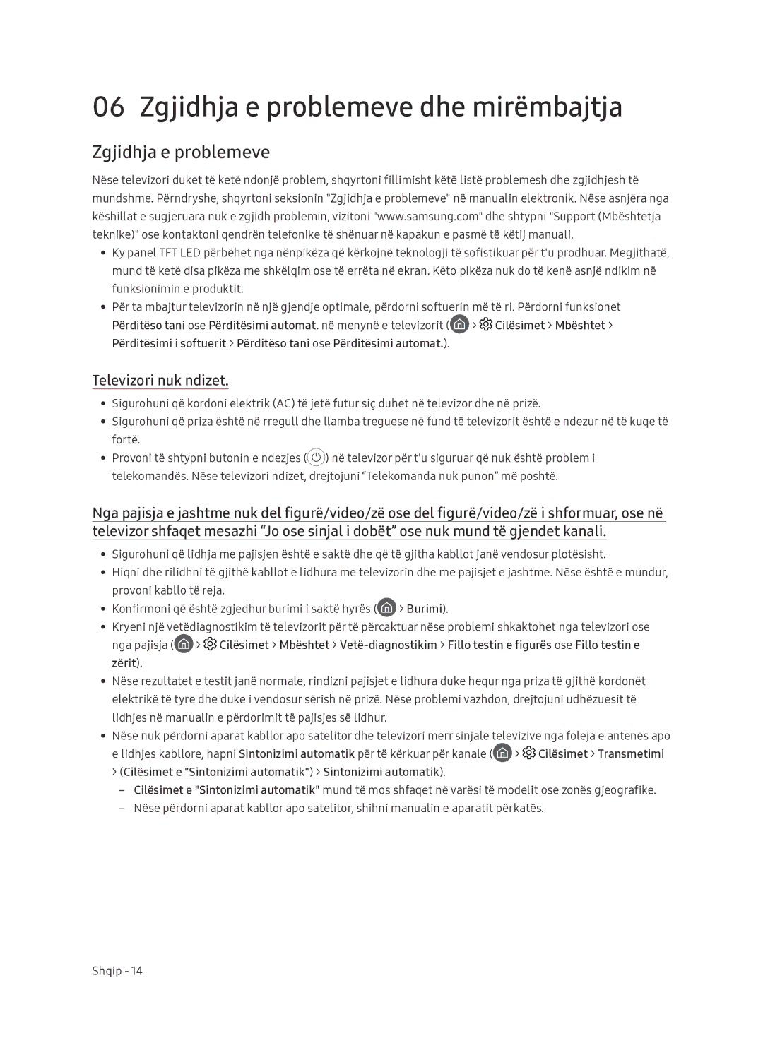 Samsung UE65NU7402UXXH manual Zgjidhja e problemeve dhe mirëmbajtja, Televizori nuk ndizet 