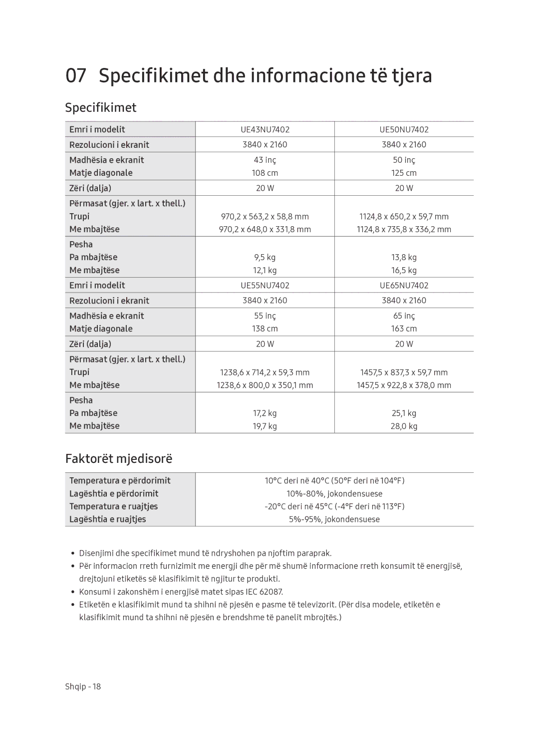 Samsung UE65NU7402UXXH manual Specifikimet dhe informacione të tjera, Faktorët mjedisorë 