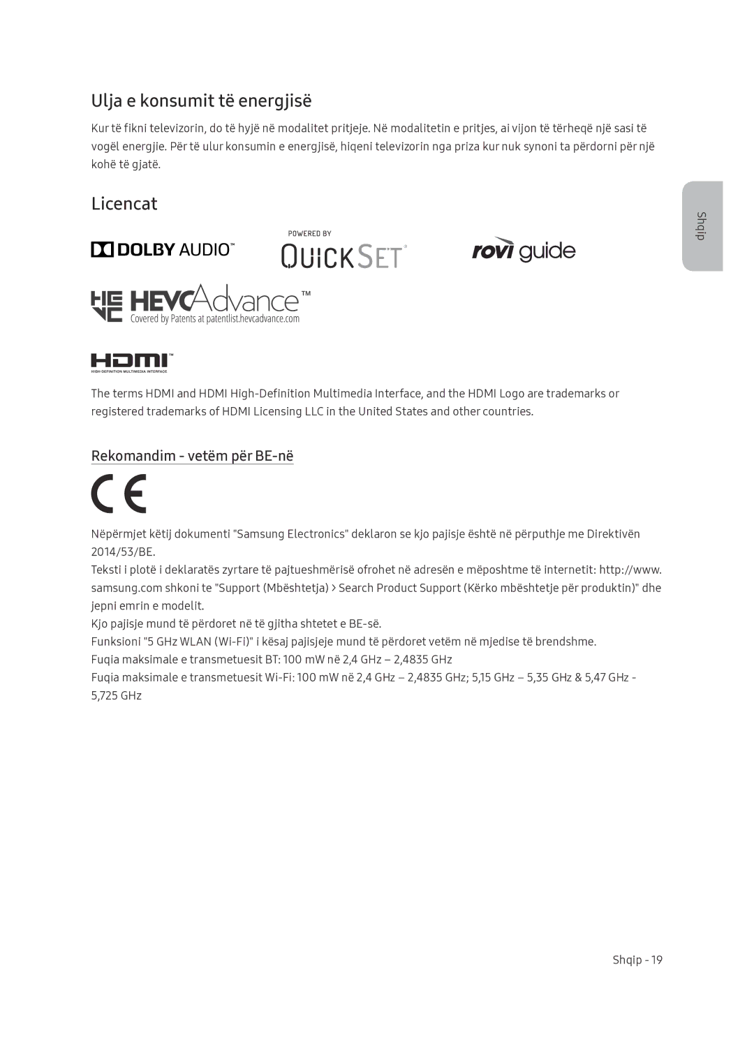 Samsung UE65NU7402UXXH manual Ulja e konsumit të energjisë, Licencat, Rekomandim vetëm për BE-në 