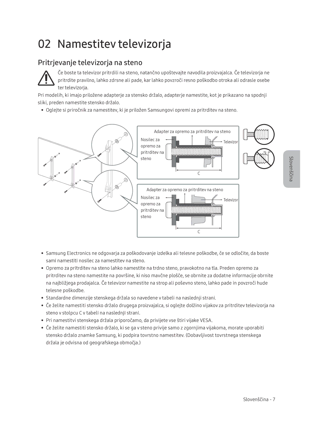 Samsung UE65NU7402UXXH manual Namestitev televizorja, Pritrjevanje televizorja na steno 