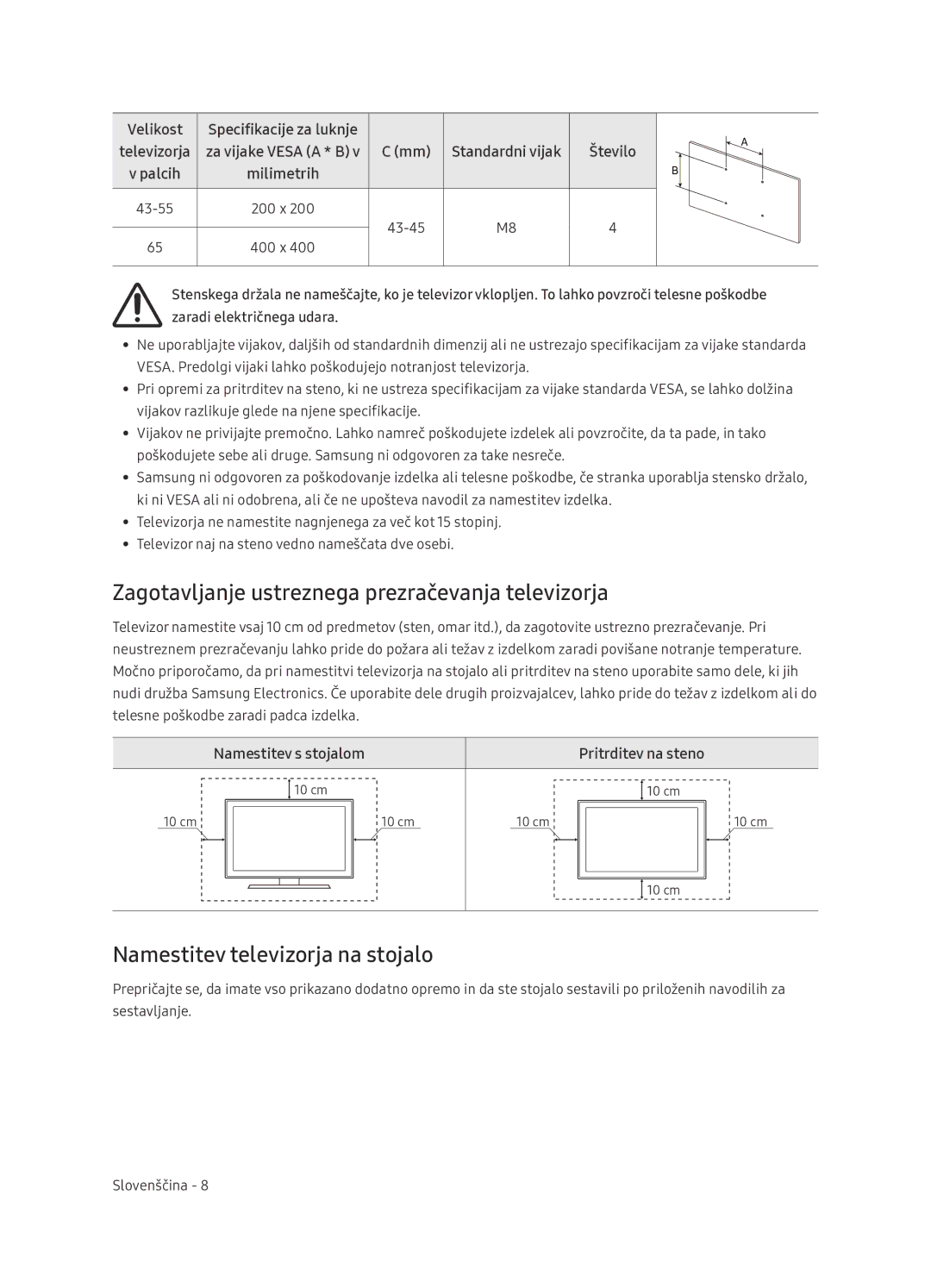 Samsung UE65NU7402UXXH manual Zagotavljanje ustreznega prezračevanja televizorja, Namestitev televizorja na stojalo 