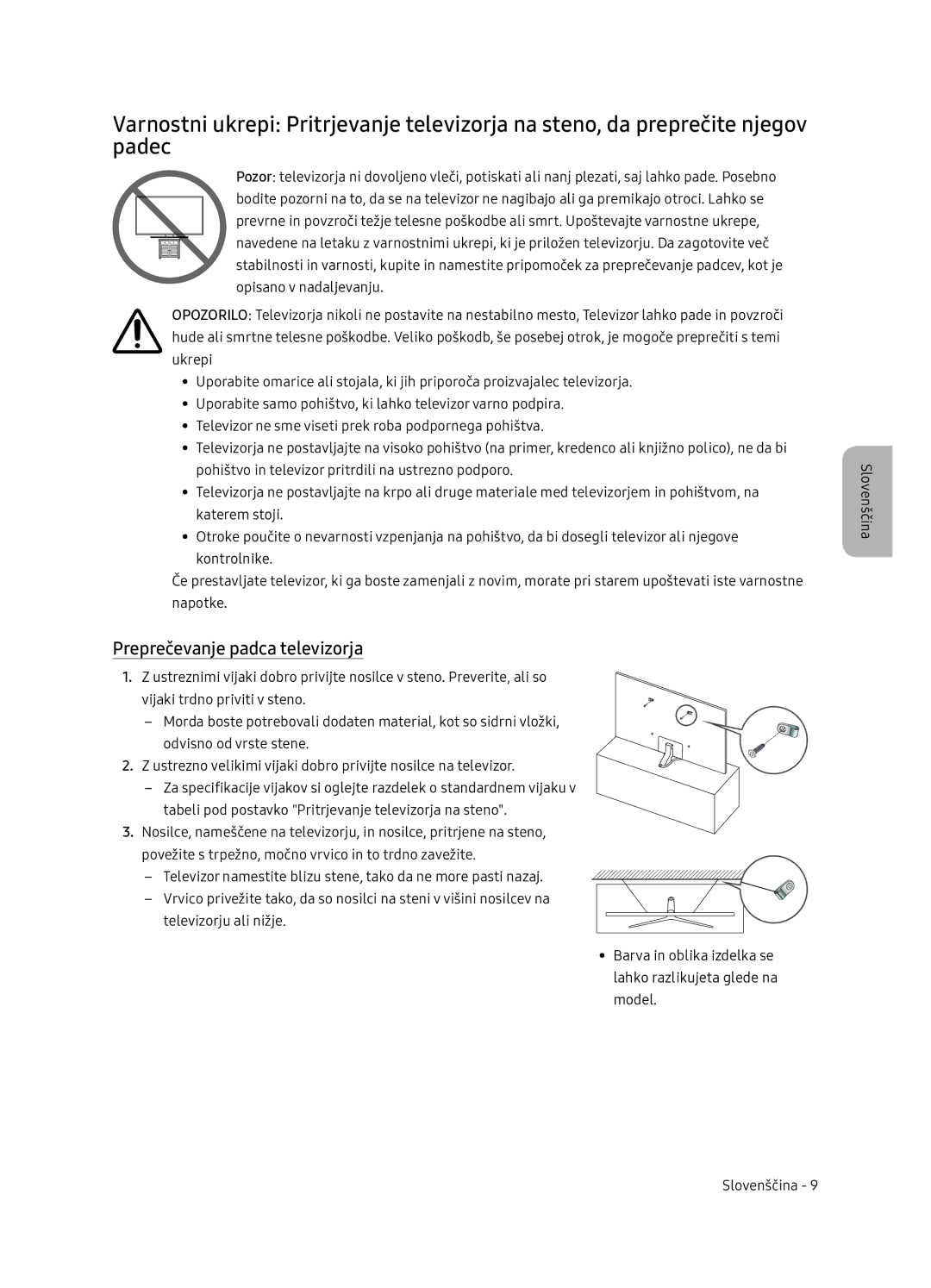 Samsung UE65NU7402UXXH manual Preprečevanje padca televizorja 