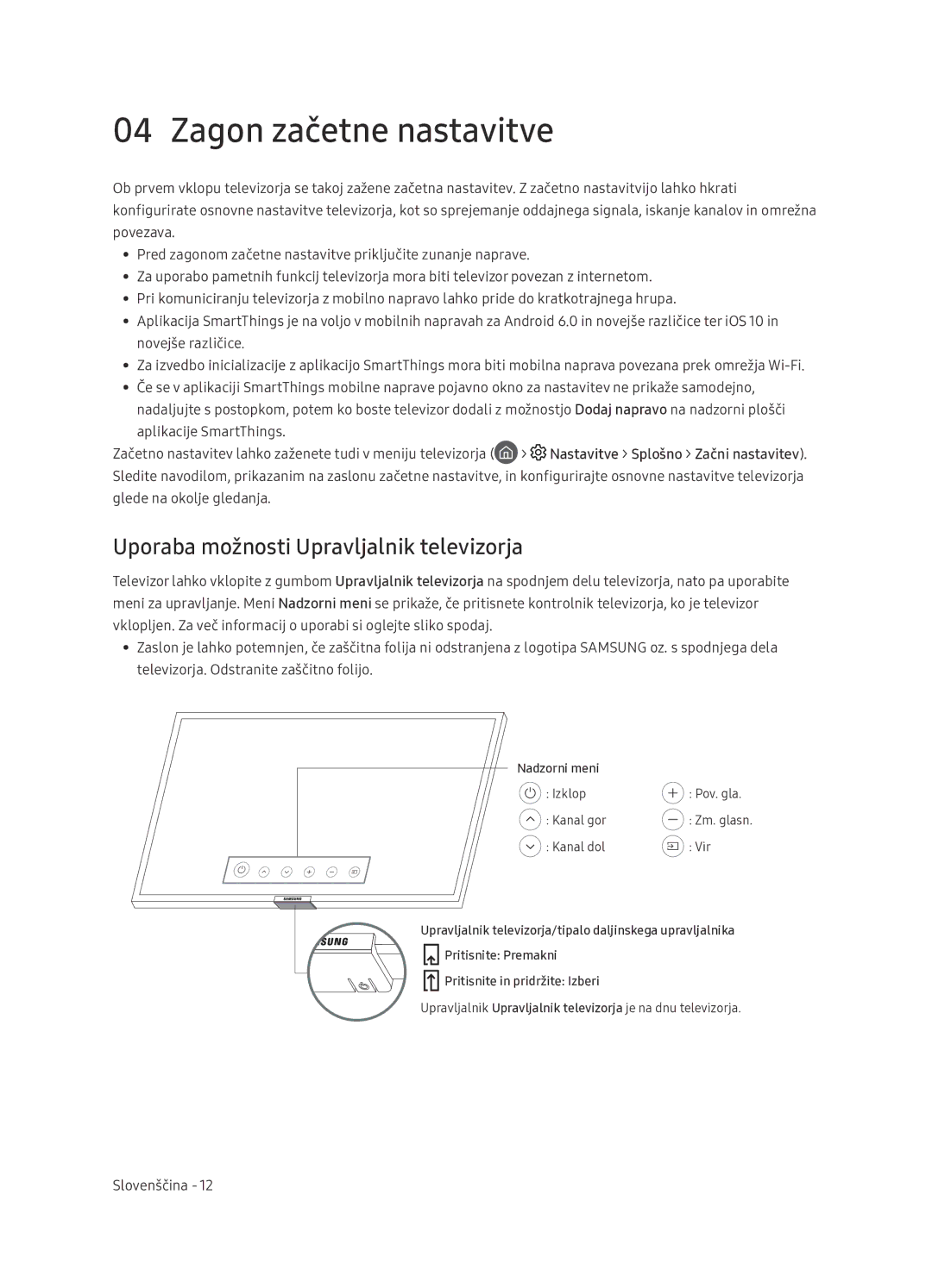 Samsung UE65NU7402UXXH manual Zagon začetne nastavitve, Uporaba možnosti Upravljalnik televizorja 