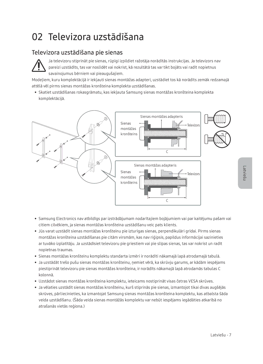 Samsung UE65NU7402UXXH manual Televizora uzstādīšana pie sienas 