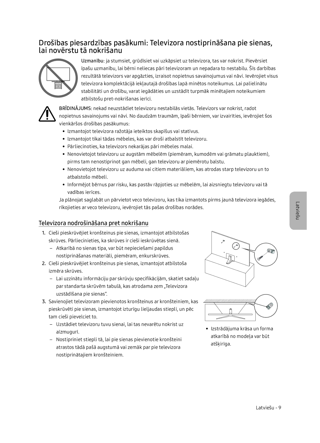 Samsung UE65NU7402UXXH manual Televizora nodrošināšana pret nokrišanu 