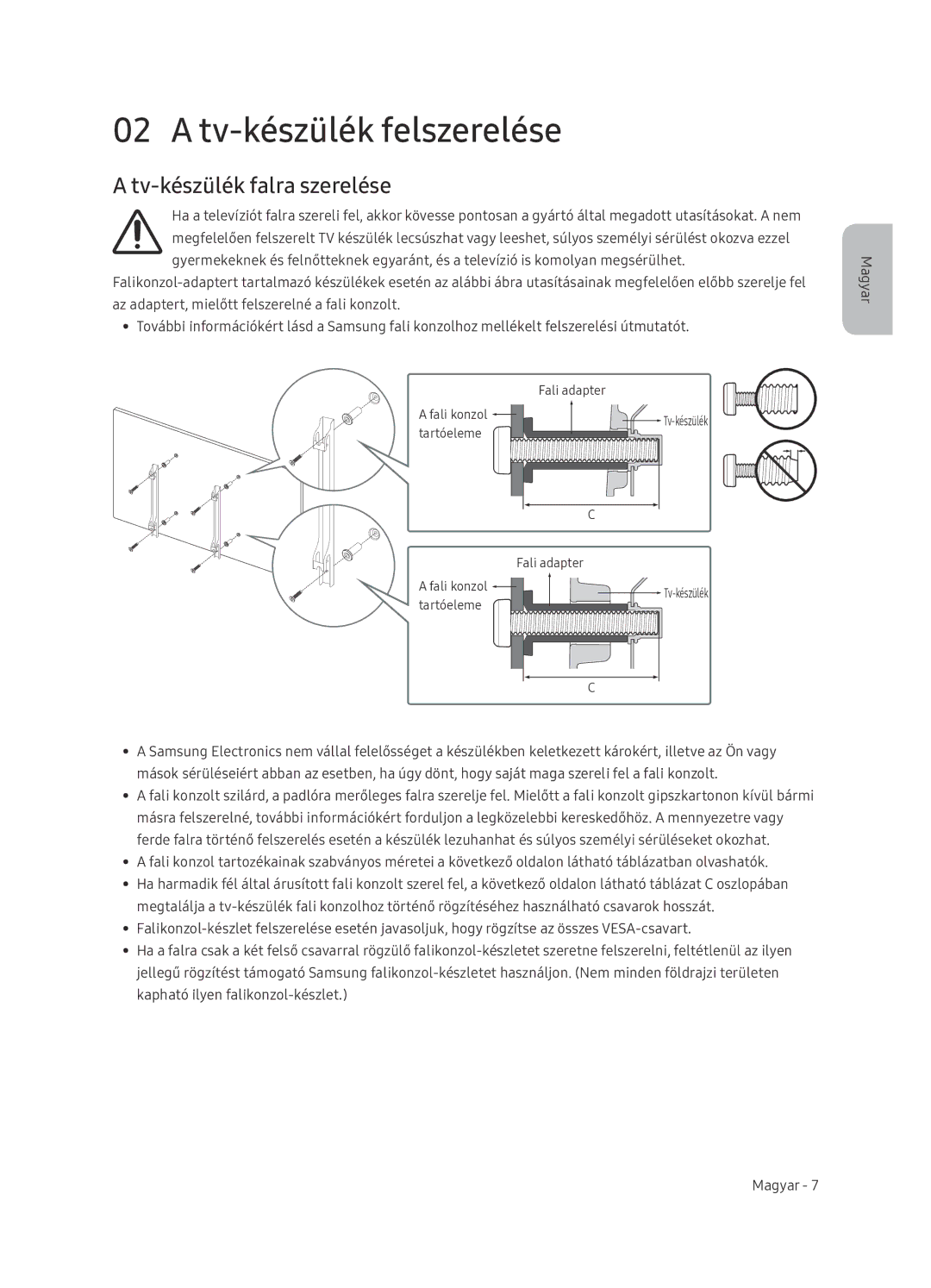 Samsung UE65NU7402UXXH manual Tv-készülék felszerelése, Tv-készülék falra szerelése 