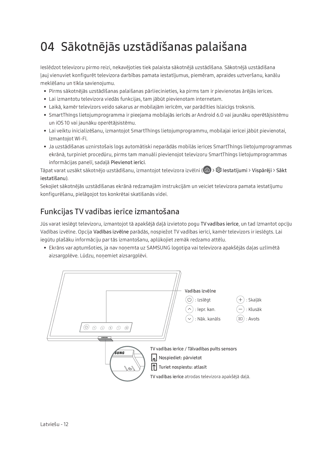 Samsung UE65NU7402UXXH manual 04 Sākotnējās uzstādīšanas palaišana, Funkcijas TV vadības ierīce izmantošana, Iestatīšanu 