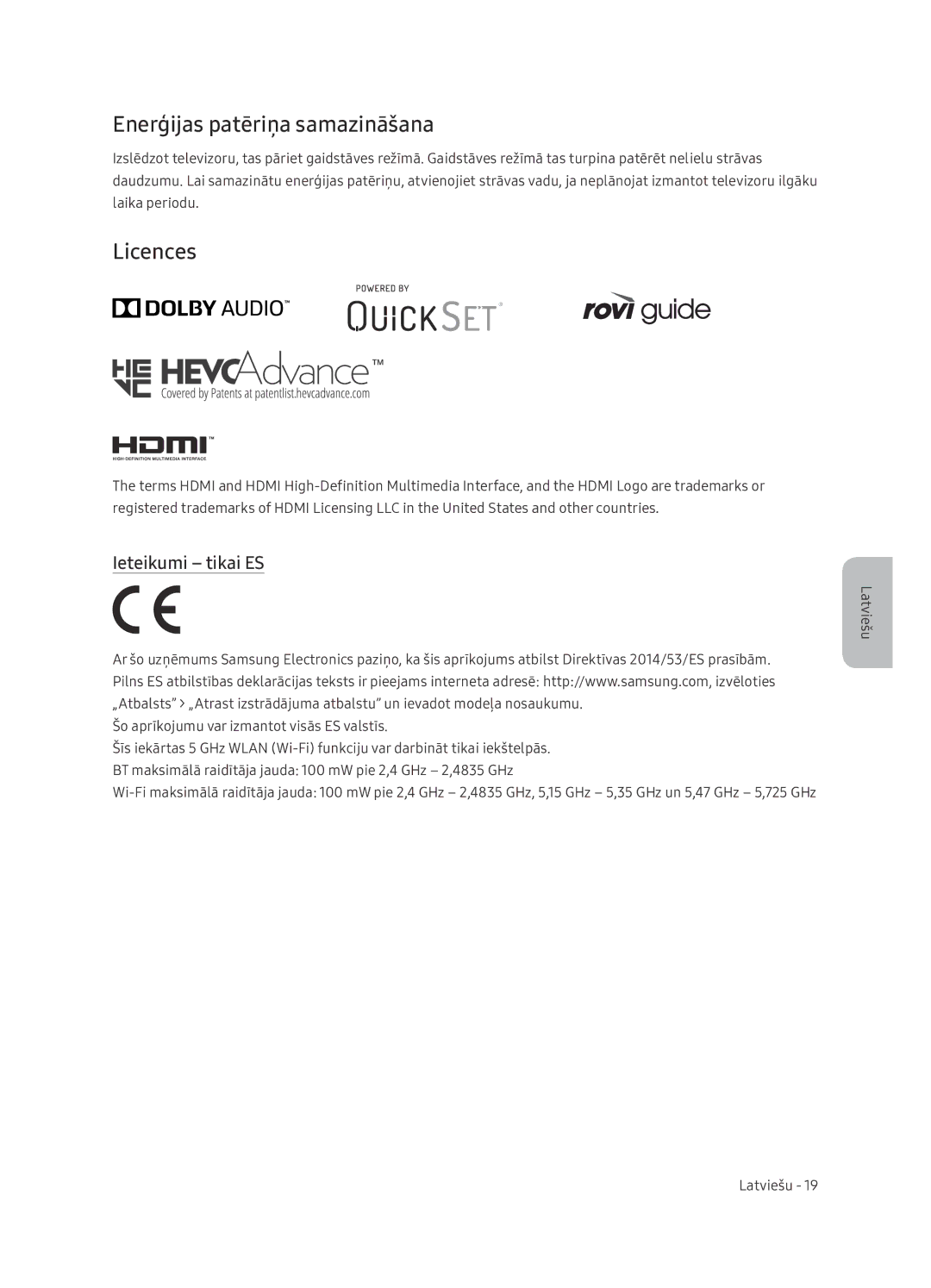 Samsung UE65NU7402UXXH manual Enerģijas patēriņa samazināšana, Ieteikumi tikai ES 