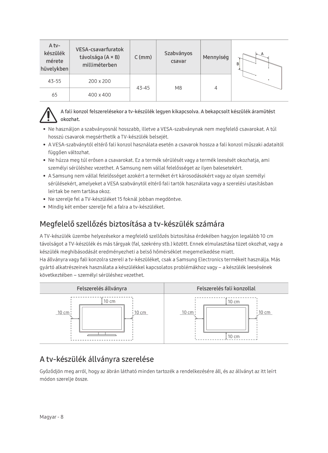 Samsung UE65NU7402UXXH Megfelelő szellőzés biztosítása a tv-készülék számára, Tv-készülék állványra szerelése, Okozhat 