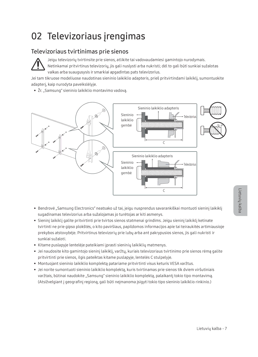 Samsung UE65NU7402UXXH manual Televizoriaus įrengimas, Televizoriaus tvirtinimas prie sienos 