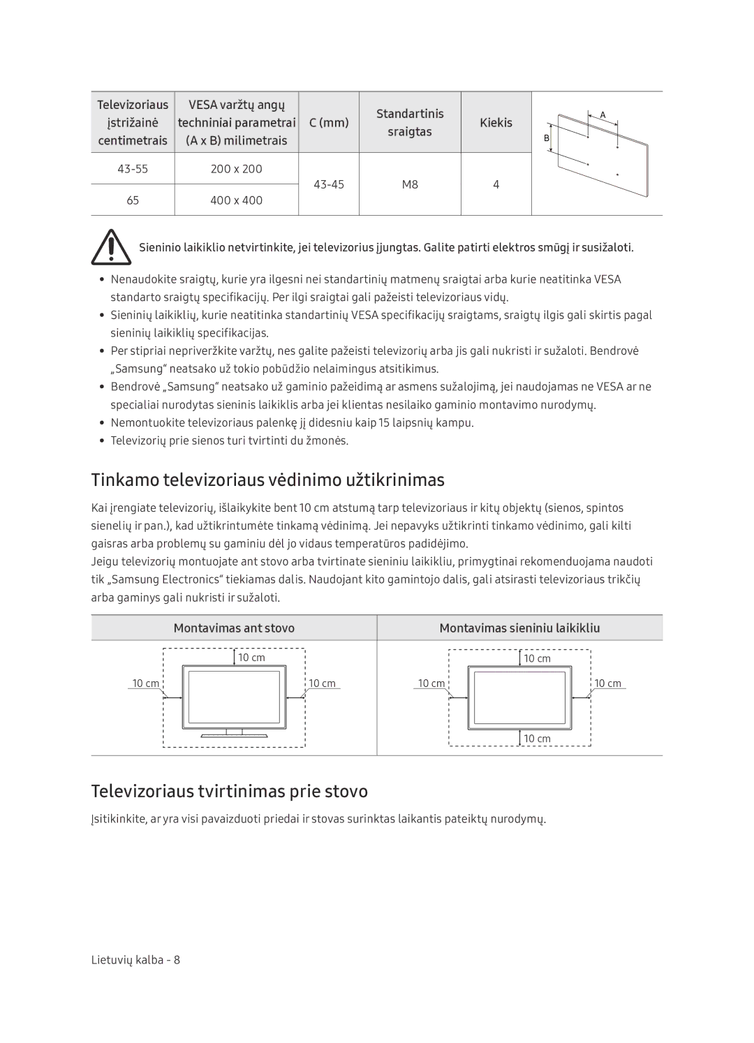 Samsung UE65NU7402UXXH manual Tinkamo televizoriaus vėdinimo užtikrinimas, Televizoriaus tvirtinimas prie stovo 