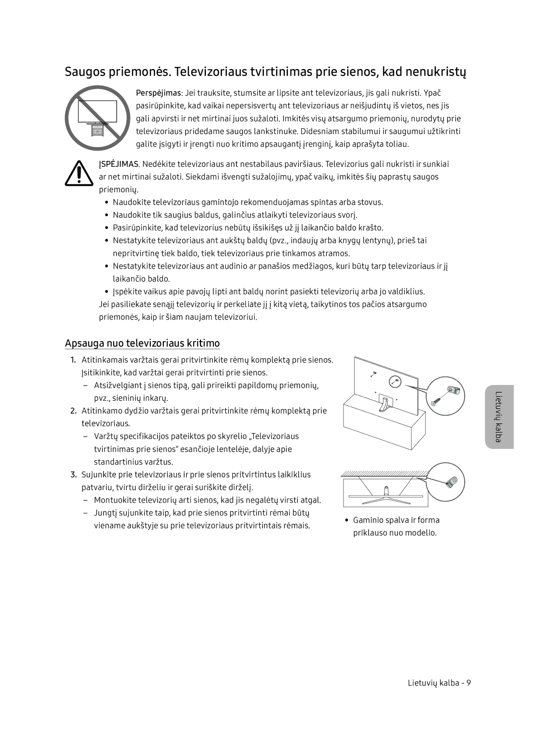 Samsung UE65NU7402UXXH manual Apsauga nuo televizoriaus kritimo 