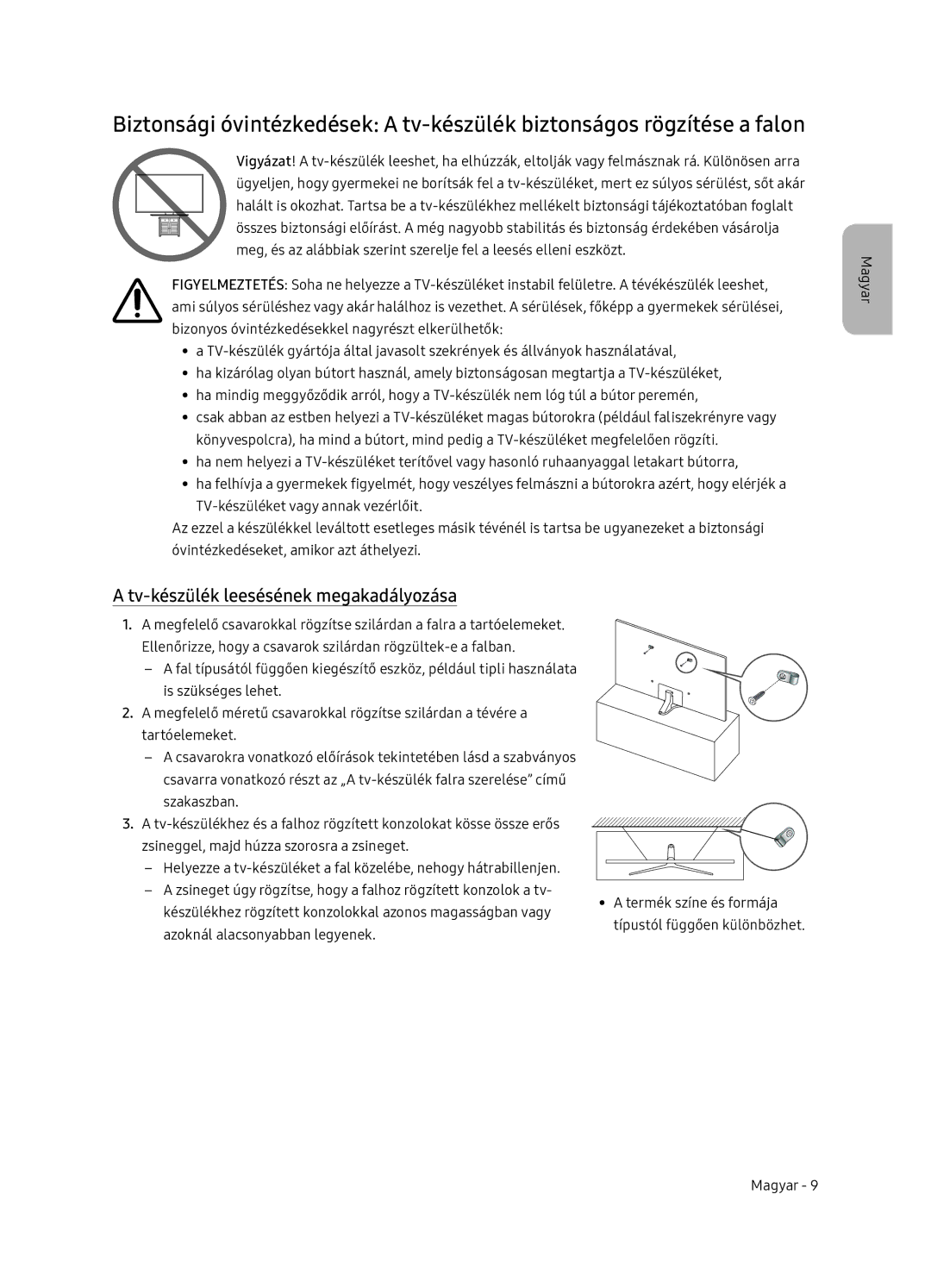 Samsung UE65NU7402UXXH manual Tv-készülék leesésének megakadályozása 