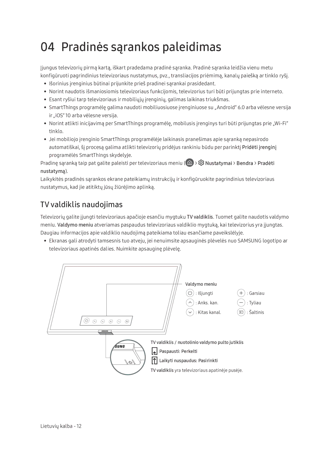 Samsung UE65NU7402UXXH manual Pradinės sąrankos paleidimas, TV valdiklis naudojimas, Nustatymą 