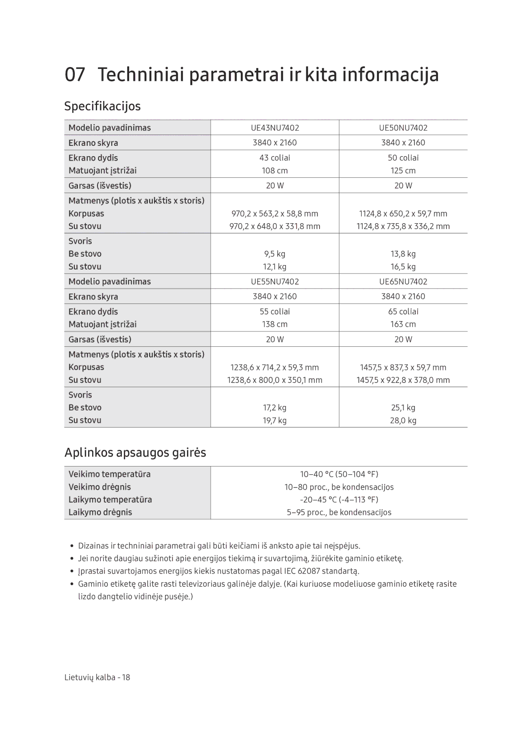 Samsung UE65NU7402UXXH manual Techniniai parametrai ir kita informacija, Specifikacijos, Aplinkos apsaugos gairės 