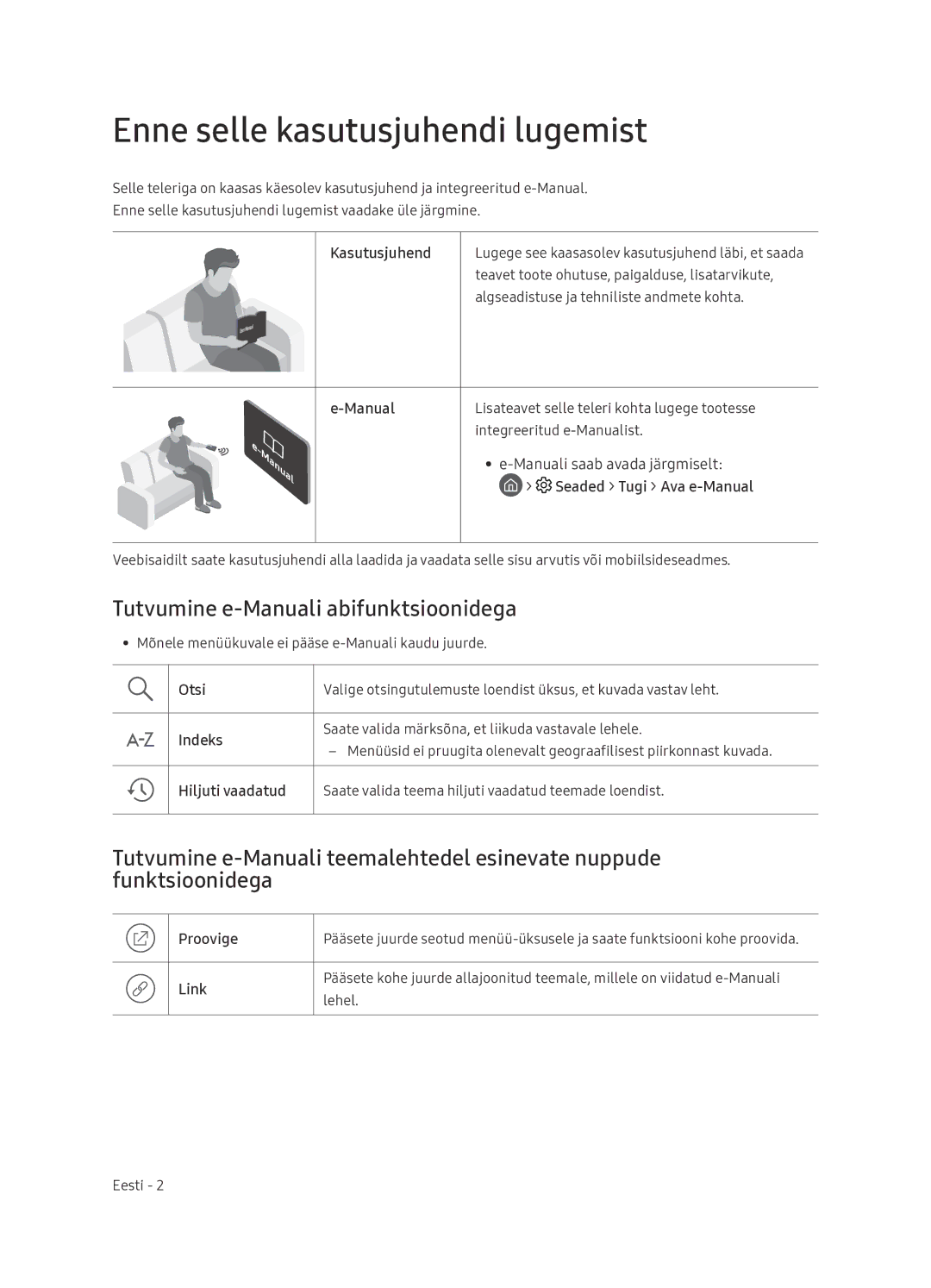 Samsung UE65NU7402UXXH manual Enne selle kasutusjuhendi lugemist, Tutvumine e-Manuali abifunktsioonidega 