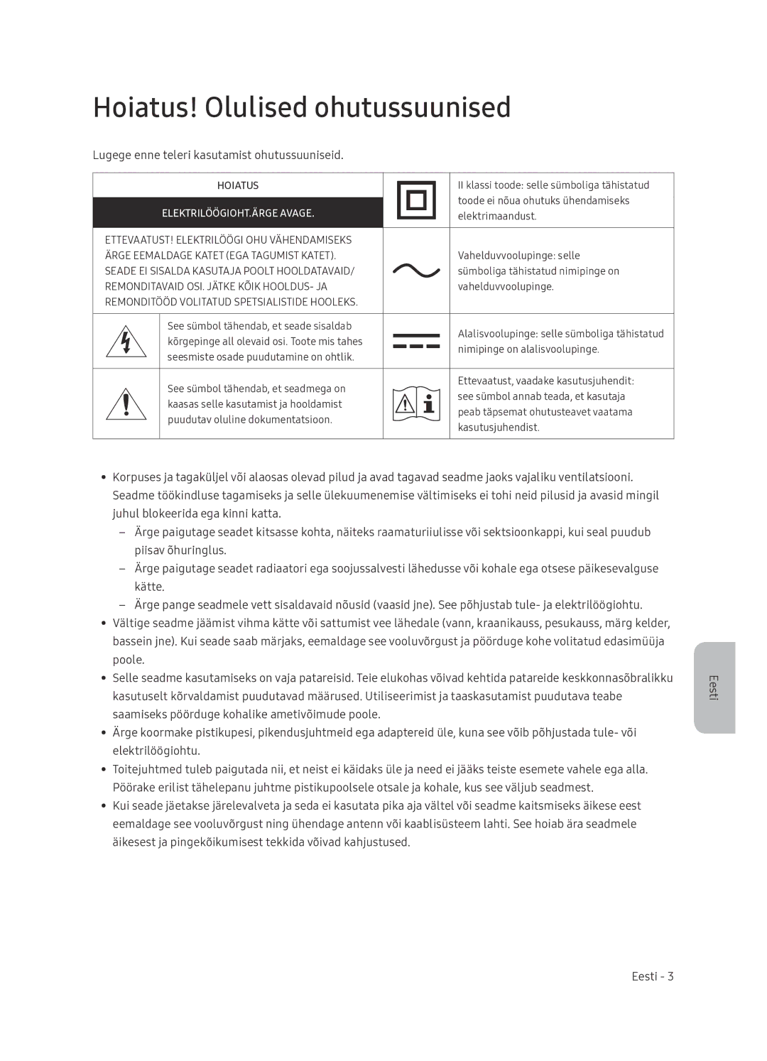 Samsung UE65NU7402UXXH manual Hoiatus! Olulised ohutussuunised, Lugege enne teleri kasutamist ohutussuuniseid 